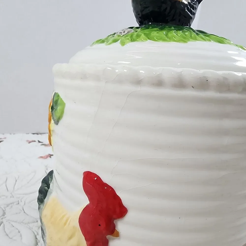 Vintage Ceramic Rooster Sunflower Canister Cookie Jar 3D Farmhouse Ribbed
